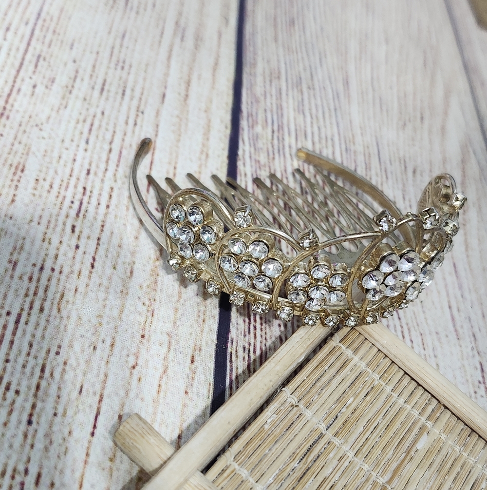 Vintage Light Gold 925 Marked Mini Tiara Rhinestone Comb - Picture 3 of 10